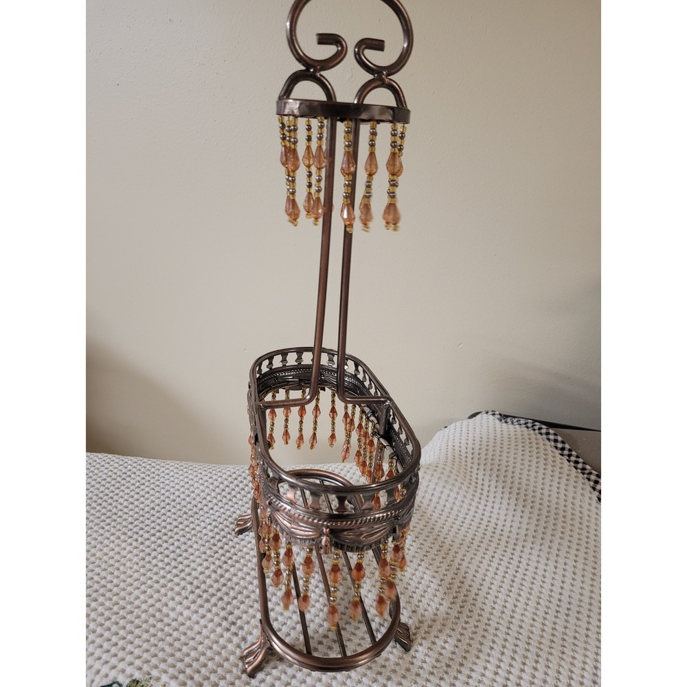 Wine Bottle Caddy Victorian Ornate Metal Beaded Fringe Bronze Scroll Barware - Picture 6 of 6